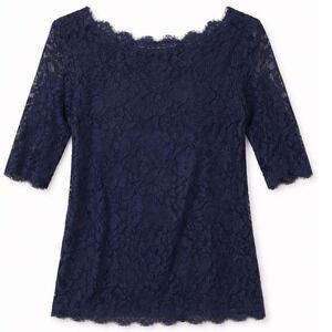 Pim + Larkin Womens Navy Blue Floral Lace 3/4 Sleeve Boat Neck Top S RN 54023